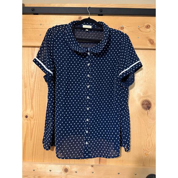 ModCloth Sheer Polka Dot Peter Pan Collar Blouse Size 2X Womens Blue White - Picture 1 of 4